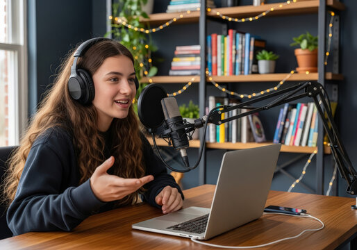 Teenage Girl Podcasting from Home Studio