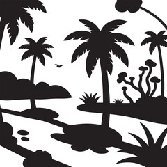  Silhouette vector scene of tropical beach trees. 