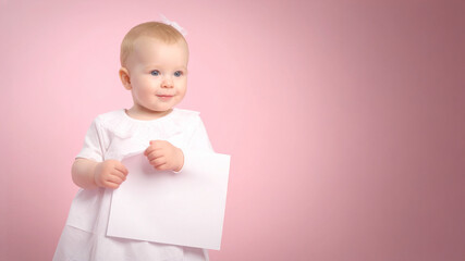 A charming baby girl with fair hair and blue eyes, wearing a white dress, smiles while holding a small blank white card against a soft pink gradient background with ample copy space.