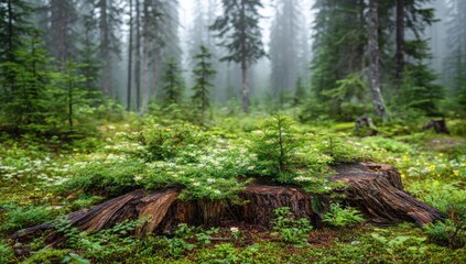 Fototapeta premium Lush greenery growing on a tree stump in a misty forest.