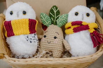 collection of crochet plush toys. handmade soft toys