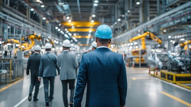 Business Executives in Hard Hats Touring Modern Automotive Manufacturing Plant with Automated Robotic Arms