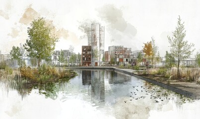 Urban regeneration concept sketch showcasing the revitalization of an abandoned industrial area, transforming it into a green urban space with adaptive reuse and sustainable, Generative AI