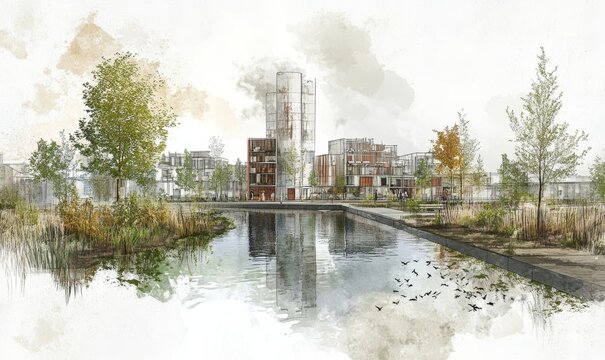 Urban regeneration concept sketch showcasing the revitalization of an abandoned industrial area, transforming it into a green urban space with adaptive reuse and sustainable, Generative AI