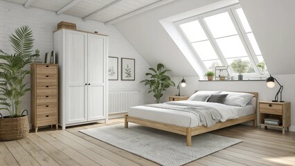 Bright and airy Scandinavian-inspired bedroom. Light wood floors, a simple platform bed with white bedding, and functional yet decorative furniture. The style is defined by minimalism, functionality, 