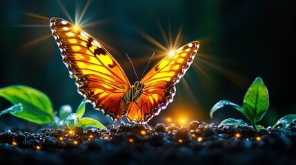 Magical Golden Butterfly on Blossoming Plants
