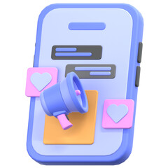 Social Media Promotion: A 3D rendered graphic of a smartphone showcasing social media promotion, featuring a megaphone, hearts, and messaging bubbles to highlight engagement and advertising.