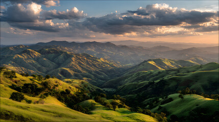 Rolling green hills landscape at sunset with scenic view of valleys and mountains under cloudy skies