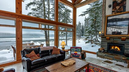 Relax in a warm cabin with a fireplace while enjoying beautiful snowy lake views surrounded by tall trees - Powered by Adobe