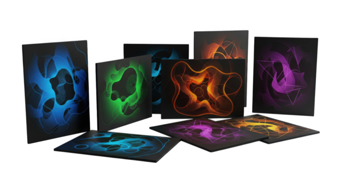 Abstract glowing shapes on panels set against a stark black background