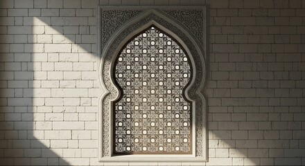 Ornate Islamic Window with Geometric Lattice and Sunlight on Brick Wall