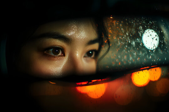 Intimate Portrait of an Asian Woman's Eyes in a Car's Rearview Mirror During a Rainy Night Drive