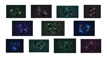 A collection of abstract, dimensional, technological artworks in a dark composition