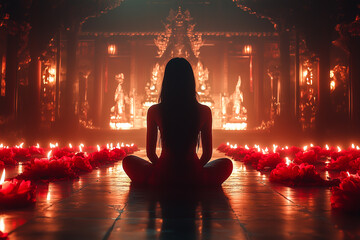 A woman sitting in a yoga position in a candlelit meditation room, with flower petals surrounding the candles, warm ambient light, deep sense of inner peace and spirituality.