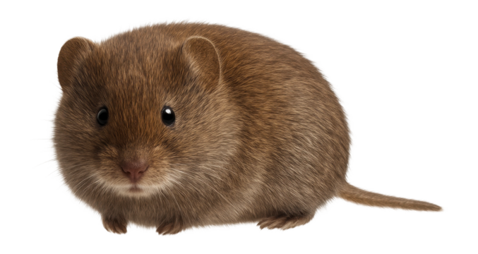 Meadow vole with small ears, short tail, and soft brown fur