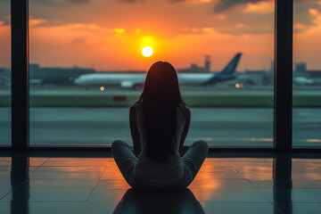 A woman in a yoga position in a quiet airport lounge, waiting for a ride, her back to the camera, blurred airplanes in the background. Sunset light.