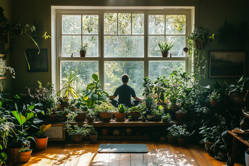 A man does a yoga stretch in front of a large window. The sunlight casts long, dramatic, cinematic shadows on the floor. Indoor view with a variety of plants.