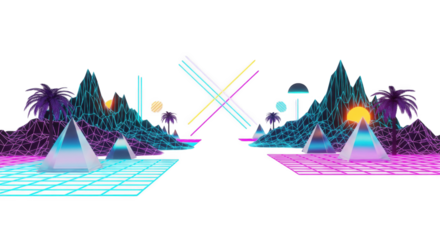 Vaporwave landscape with pyramids and wireframe mountains in neon colors