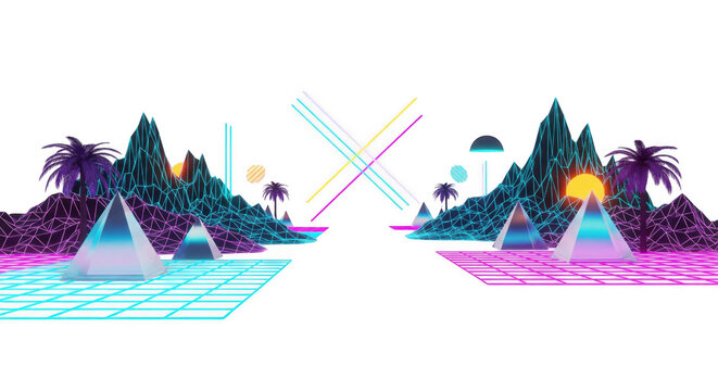 Vaporwave landscape with pyramids and wireframe mountains in neon colors