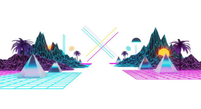 Vaporwave landscape with pyramids and wireframe mountains in neon colors - Powered by Adobe