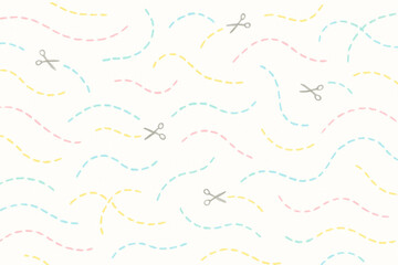 Naklejka premium Seamless pastel hand-drawn cutting line pattern with scissors