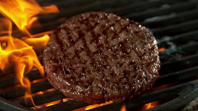 Super Slow Motion Shot of Flipping Hamburger Meat on Hot Grill with Flames and Embers at 1000fps.