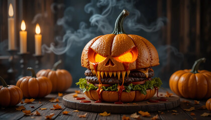 Photorealistic Halloween-themed burger designed as a scary carved pumpkin with glowing eyes and sharp fangs