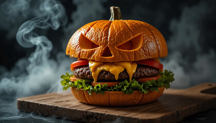 Close-up of a carved pumpkin used as a burger bun with angry face, cheese fangs, fresh vegetables