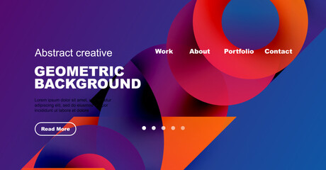 Abstract geometric background design. Vibrant colors, text elements present. Website mockup with navigation options visible. Modern aesthetic.
