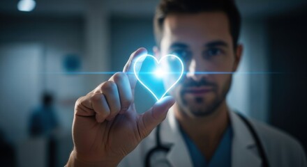 Male Healthcare Professional Drawing Glowing Heart Symbol with Finger in Medical Facility