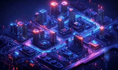 Fototapeta premium Futuristic smart city displayed on a dark blue background, showcasing intelligent infrastructure integrated with IoT, 5G, and AI technologies, presenting a vision of urban development, Generative AI