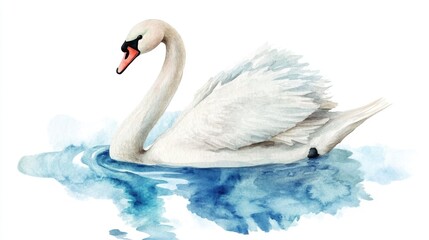 Fototapeta premium Watercolor illustration of a swan gracefully gliding on water.