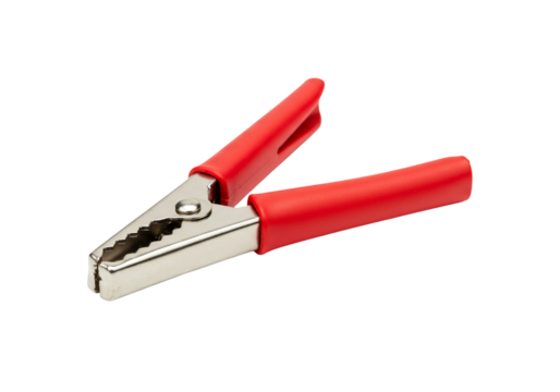 Red insulated battery clips metal silver electric tool close up studio shot transparent background - Powered by Adobe