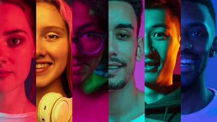 Cropped images of multiethnic people on multicolored background. Commercial video made of half of faces of happy models. Concept of emotions, equality, unification of all nations, ages and interests.