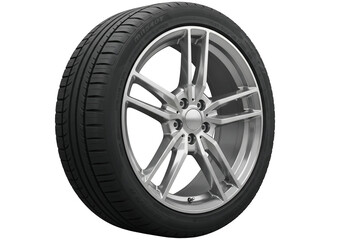 Fototapeta premium Closeup of silver alloy wheel and black tire on transparent background