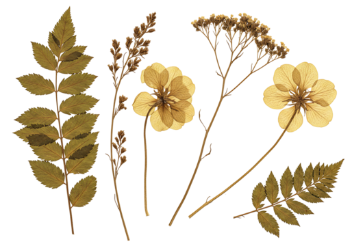 Pressed flowers and leaves on transparent background botanical illustration