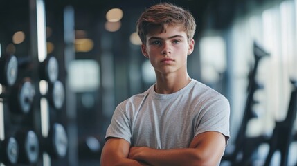 Fototapeta premium Teenager boy with arms crossed in a gym.
