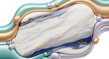Sophisticated marble surface framed by liquid metal curves and pearl accents