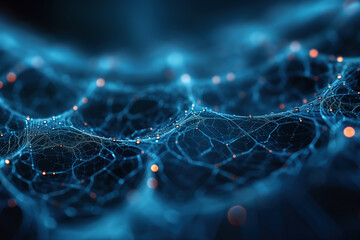 Abstract digital network visualizes complex data connection and technological intelligence, glowing particles illuminate dynamic web, symbolizing global communication and future science concept.