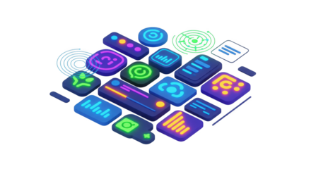 Isometric array of glowing digital icons, evoking a sense of modern technology