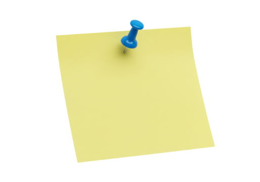 Yellow sticky note with blue push pin on transparent background