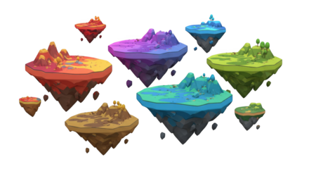 Fantasy floating islands in a black void, a digital artwork concept design