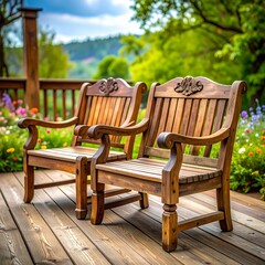 Wooden garden benches on a deck with flowers