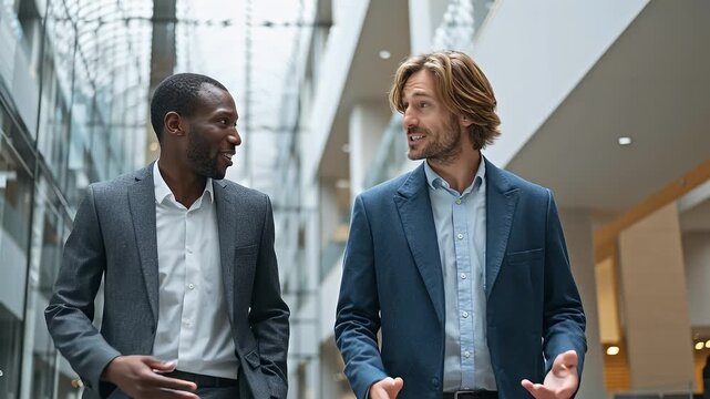 Two different businessmen walking through the office, working together, discussing business and leadership.
