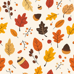 Playful autumn scatter background with colorful falling leaves, acorns, and stars, bold flat naive shapes, warm cozy mood, perfect for kids projects, posters, and seasonal print