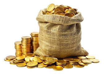 a bag of golden coins isolated on white background PNG , AI GENERATED