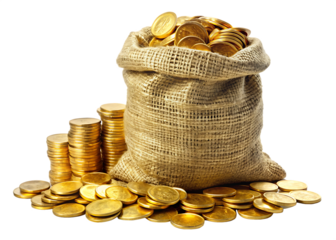 a bag of golden coins isolated on white background PNG , AI GENERATED