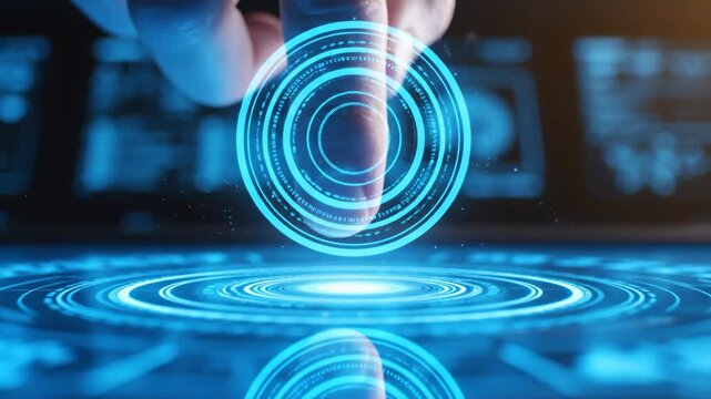 Human Finger Interacting with Glowing Blue Futuristic Holographic Touch Screen Activating Digital Data Circles