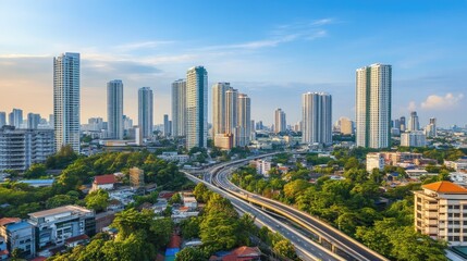 Fototapeta premium Top-down view of a modern expressway system in Bangkok, showing intersecting roads and elevated highways.
