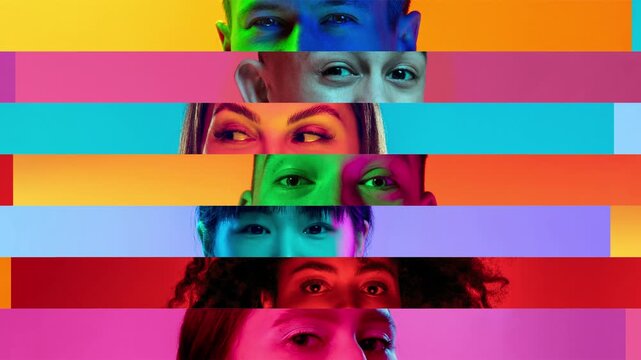 Animated ad of close-up male and female eyes isolated on colored neon background. Flyer with copy space for ad. Concept of equality, unification of all nations, ages and interests